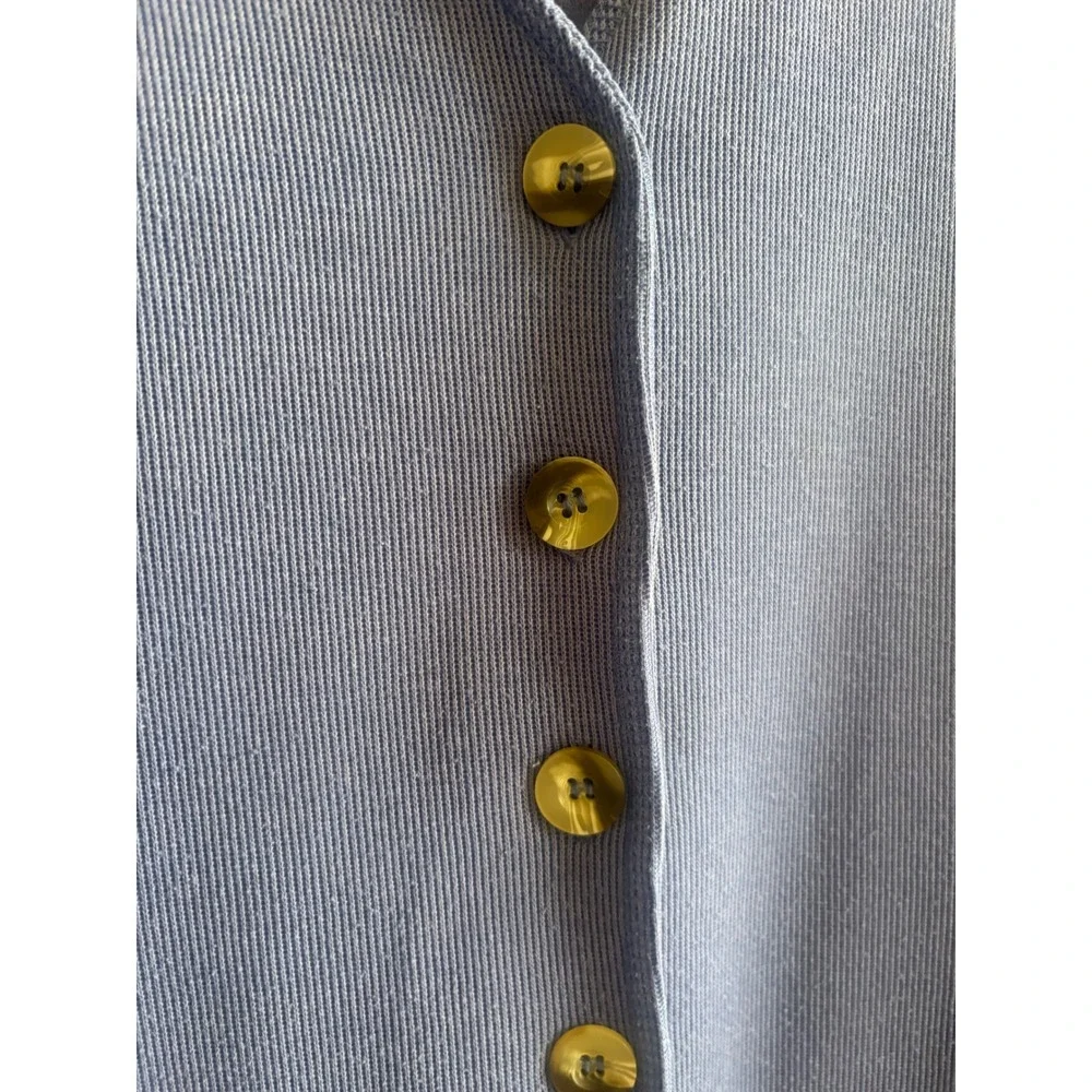 Vintage Express Tricot Cardigan Sweater Blue Ribbed Knit Button Front Pockets XS